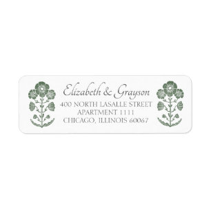 Grass Green & White Botanical Block Print Wedding Return Address Label