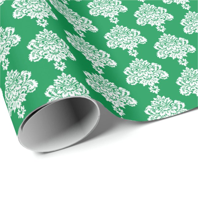 Grass Green | White Damask Wrapping Paper (Roll Corner)