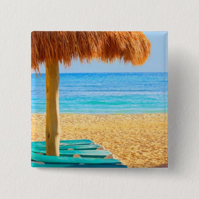 Grass Hut & Loungers On Beach 15 Cm Square Badge (Front)