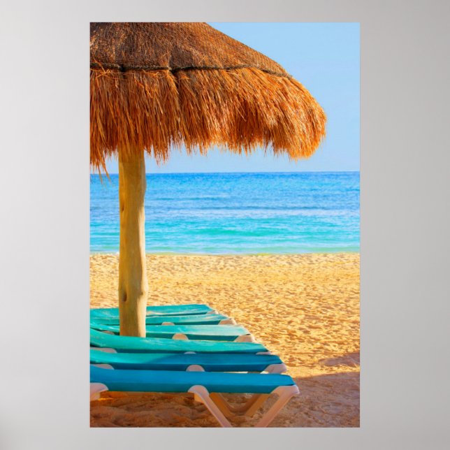 Grass Hut & Loungers On Beach Poster (Front)