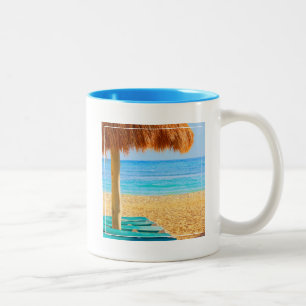 Grass Hut & Loungers On Beach Two-Tone Coffee Mug