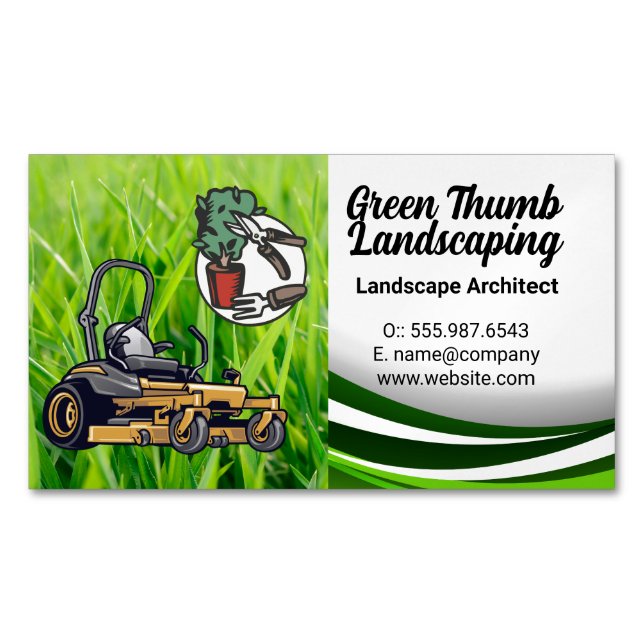Grass | Lawn Mower | Landscaping Tools Magnetic Business Card (Front)