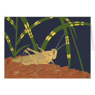 Grasshopper in Green Grass on Blue Background