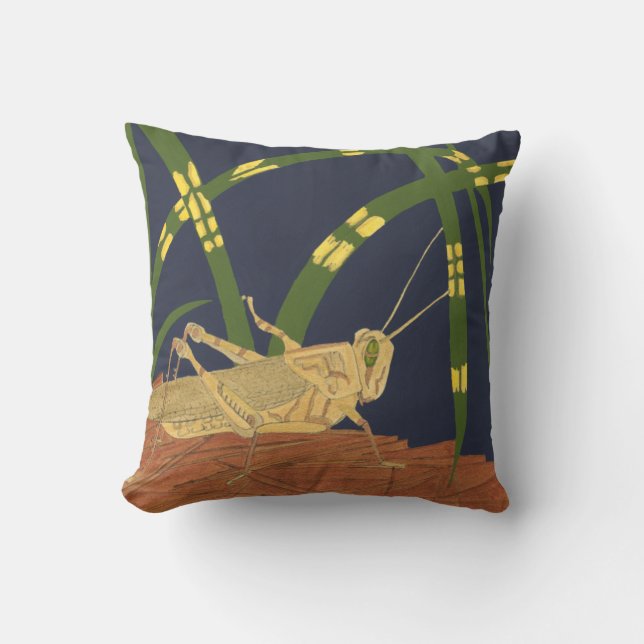 Grasshopper in Green Grass on Blue Background Cushion (Front)