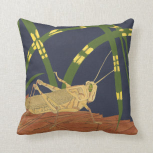 Grasshopper in Green Grass on Blue Background Cushion