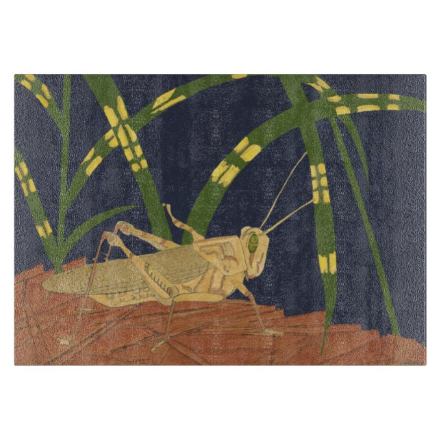 Grasshopper in Green Grass on Blue Background Cutting Board (Front)
