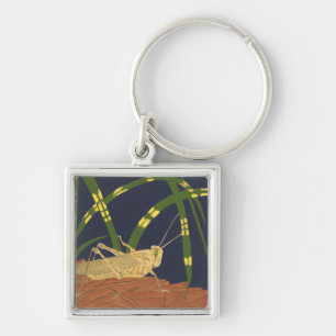 Grasshopper in Green Grass on Blue Background Key Ring