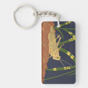 Grasshopper in Green Grass on Blue Background Key Ring