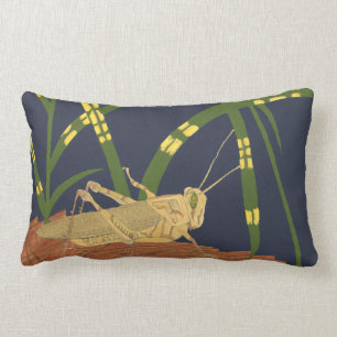 Grasshopper in Green Grass on Blue Background Lumbar Cushion