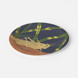 Grasshopper in Green Grass on Blue Background Paper Plate