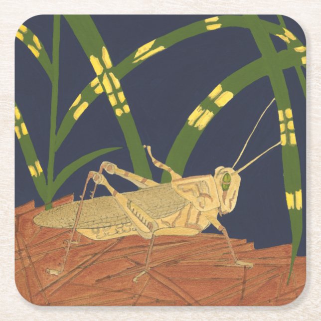 Grasshopper in Green Grass on Blue Background Square Paper Coaster (Front)