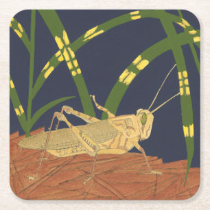 Grasshopper in Green Grass on Blue Background Square Paper Coaster