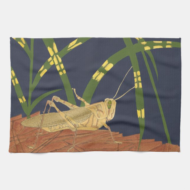 Grasshopper in Green Grass on Blue Background Tea Towel (Horizontal)