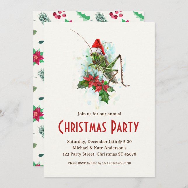 Grasshopper Santa Hat Poinsettias Christmas Party Invitation (Front/Back)