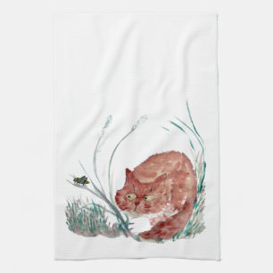 Grasshopper Teases the Kitten, Sumi-e Tea Towel