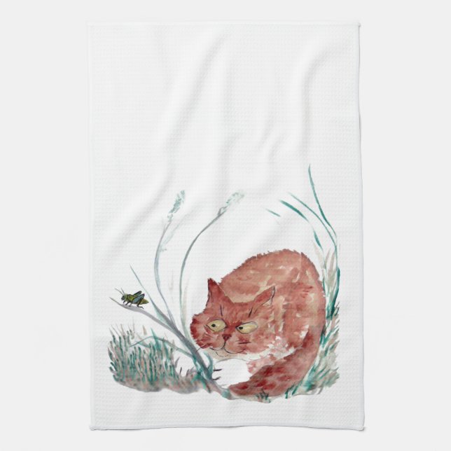 Grasshopper Teases the Kitten, Sumi-e Tea Towel (Vertical)