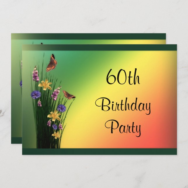Grassy Bouquet And Butterflies 60th Birthday Invitation (Front/Back)