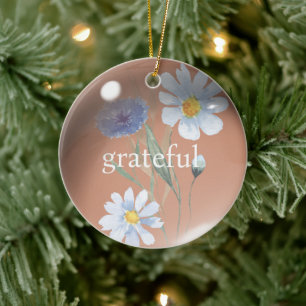 Grateful 3D Waterdrop with Flowers Ochre Ceramic Ornament
