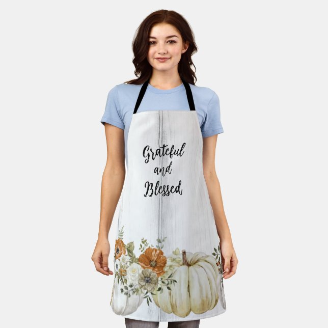 Grateful and Blessed Pumpkin Flowers Thanksgiving  Apron (Worn)