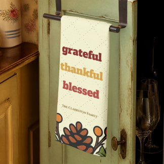 Grateful and Blessed Thanksgiving retro design Tea Towel