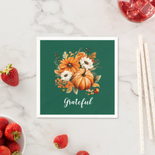 Grateful Autumn Floral Pumpkin Green Square Napkin