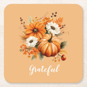Grateful Autumn Floral Pumpkin Orange Square Paper Coaster