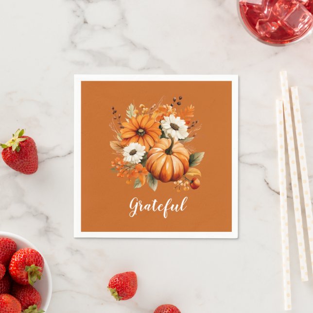 Grateful Autumn Floral Pumpkin Red Square Napkin (Insitu)