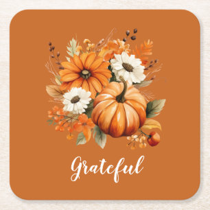 Grateful Autumn Floral Pumpkin Red Square Paper Coaster