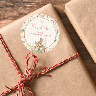 Grateful Beige Wildflower Thank You Bunny Classic Round Sticker