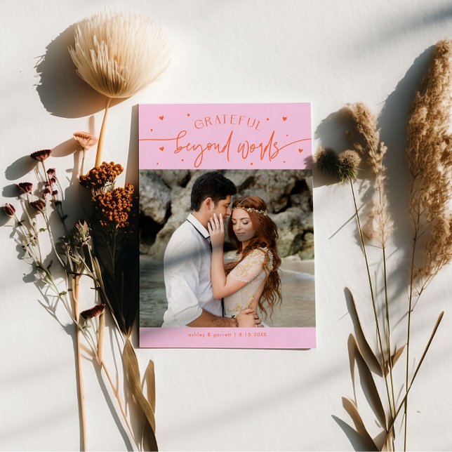 Grateful Beyond Words Wedding Photo Orange Pink Thank You Card (Creator Uploaded)