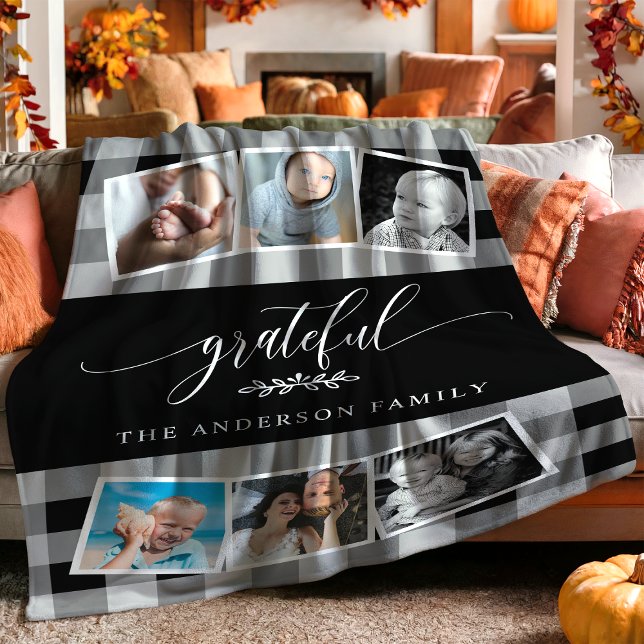 Grateful Black Plaid Fall Family 6 Photo Collage Fleece Blanket (Creator Uploaded)