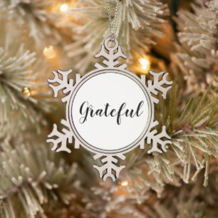 Grateful black white custom script cute snowflake pewter christmas ornament