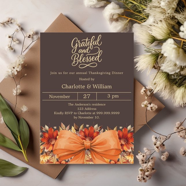 Grateful blessed bistre bow orange Thanksgiving Invitation (Creator Uploaded)