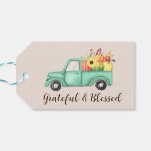 Grateful & Blessed Blue Truck Pumpkin Thanksgiving Gift Tags
