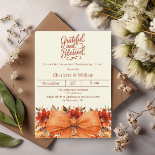 Grateful blessed bow floral orange Thanksgiving Invitation
