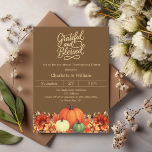 Grateful blessed brown pumpkin Thanksgiving Invitation