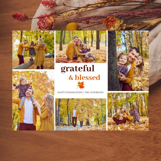 Grateful & Blessed Fall thanksgiving family photo Holiday Card (Creator Uploaded)
