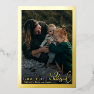 Grateful & Blessed Family Photo Collage Gold Foil Holiday Card