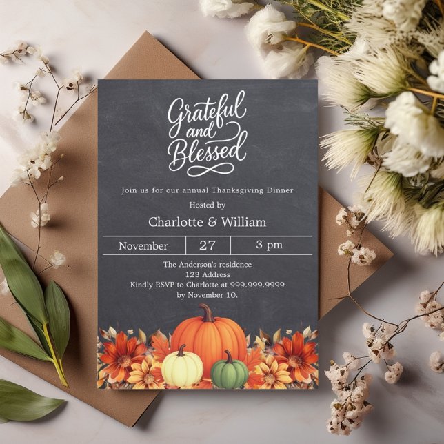 Grateful blessed pumpkin chalkboard Thanksgiving Invitation (Creator Uploaded)