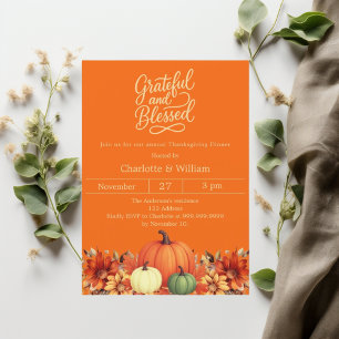 Grateful blessed pumpkin orange Thanksgiving Invitation