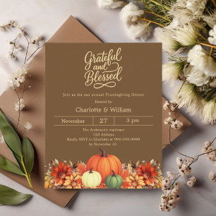 Grateful brown pumpkin Thanksgiving invitation