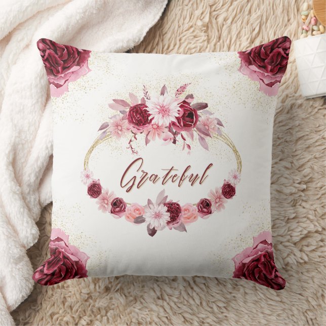 Grateful Elegant Magenta Pink Floral Gold Wreath  Cushion (Blanket)