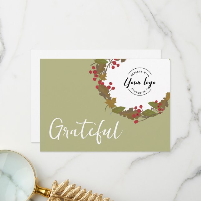 Grateful Fall theme business logo thanksgiving Thank You Card (Front/Back In Situ)