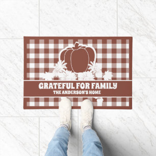 Grateful Family Custom Pumpkin Vines Brown Plaid Doormat