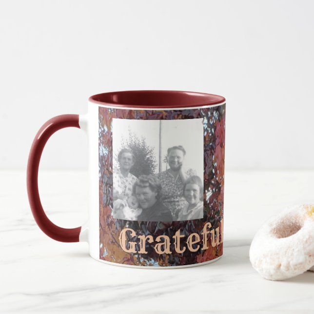 Grateful | Family Photos | Fall Leaves Background Mug (With Donut)