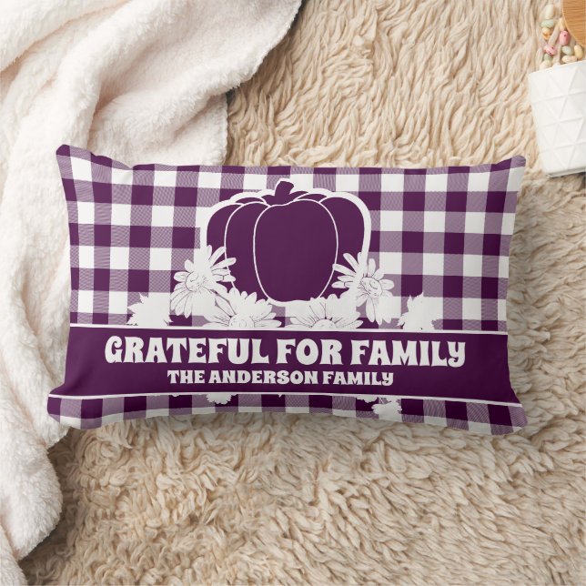 Grateful Family Purple Plaid Fall Pumpkin Vines Lumbar Cushion (Blanket)