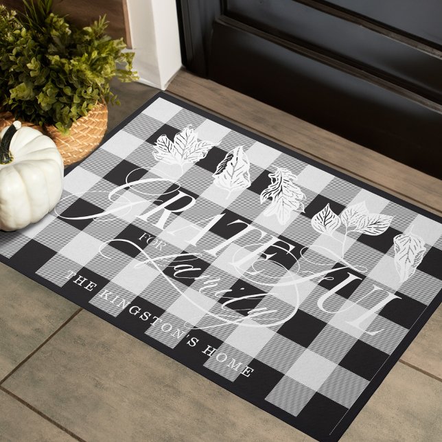 Grateful for Family Custom Name Leaves Black Plaid Doormat (Grateful for Family Custom Name Leaves Black Plaid Doormat)