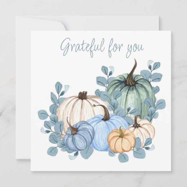 Grateful for you blue leaves pumpkin Thanksgiving Card (Front)