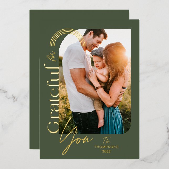 Grateful For You Modern Geometric Arch One Photo Foil Holiday Card (Front/Back)
