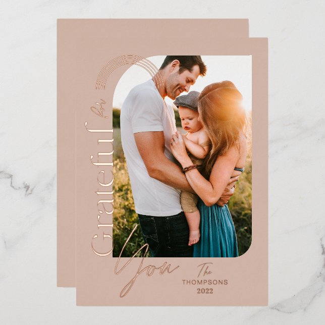 Grateful For You Modern Geometric Arch One Photo Foil Holiday Card (Front/Back)